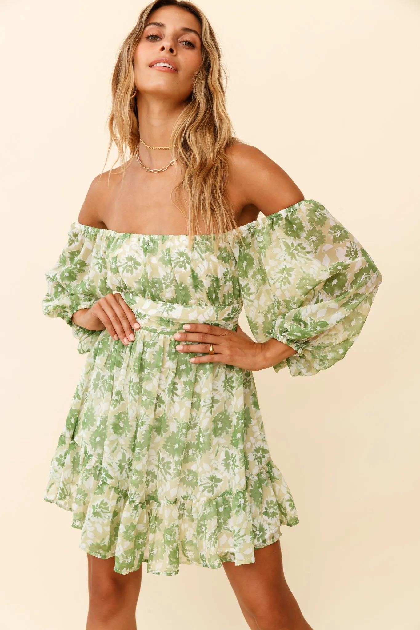 Abby Off-Shoulder Tie-Up Back Dress Floral Print Green