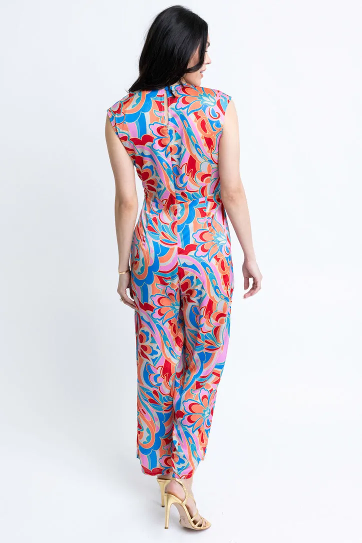 Abstract Satin Wrap Jumpsuit