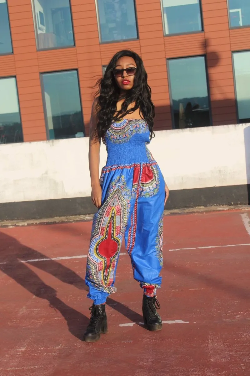 African Print Jumpsuit in Blue Dashiki Print - Festival Jumpsuit