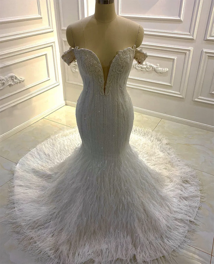 AM609 Off Shoulder Handwork Beading Pearls Mermaid Feather Wedding Dress