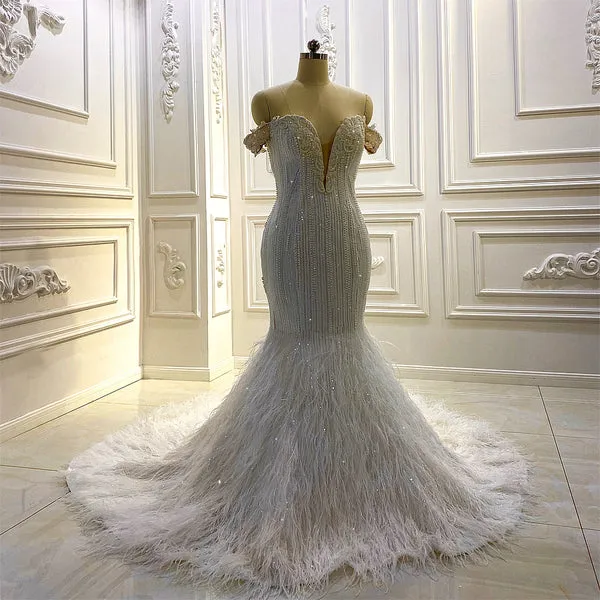 AM609 Off Shoulder Handwork Beading Pearls Mermaid Feather Wedding Dress