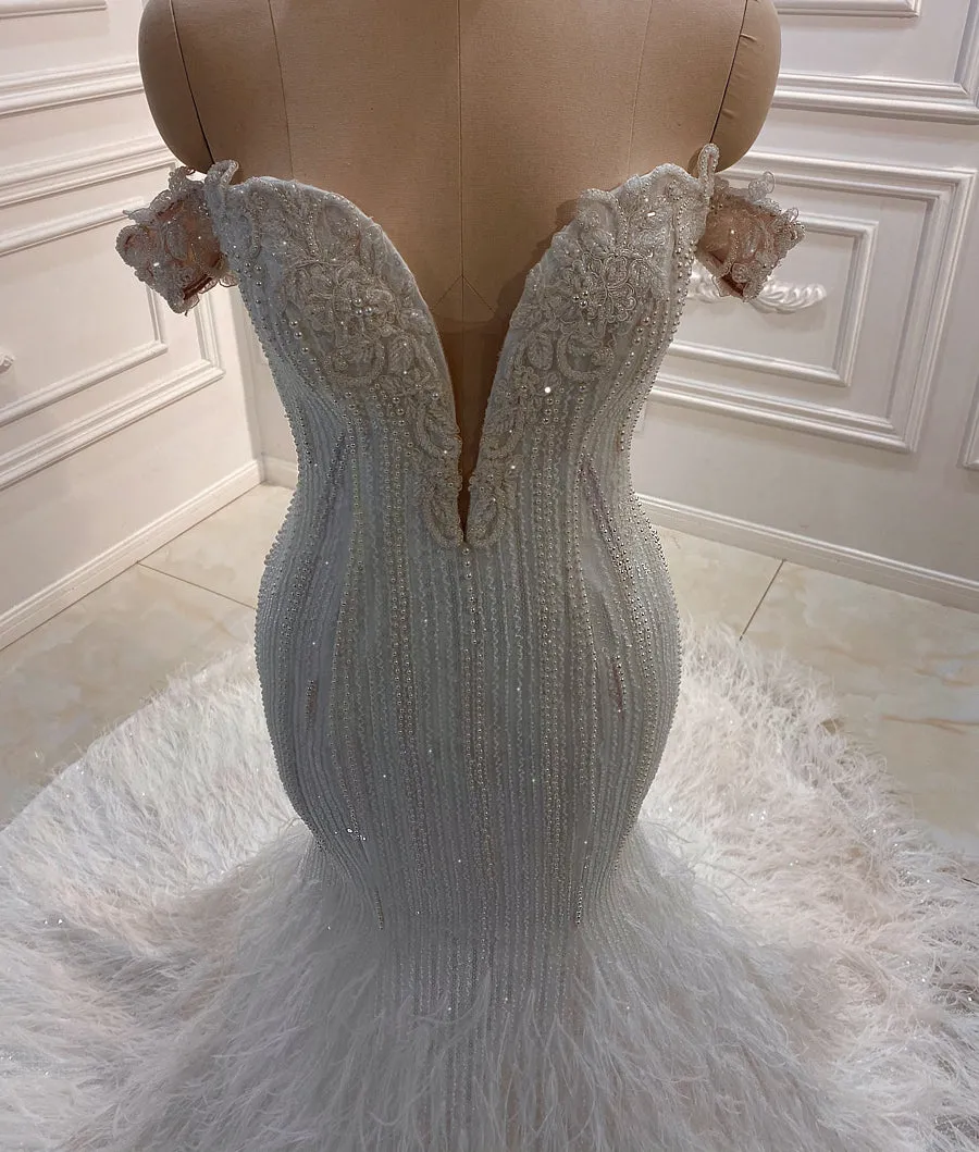 AM609 Off Shoulder Handwork Beading Pearls Mermaid Feather Wedding Dress