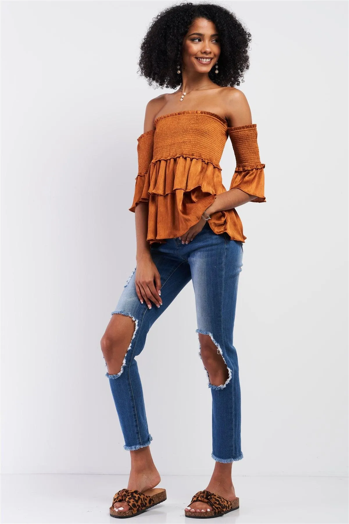 Amber Satin Off-The-Shoulder Midi Sleeve Layered Flare Hem Crumpled Effect Smoked Top /1-2-2-1