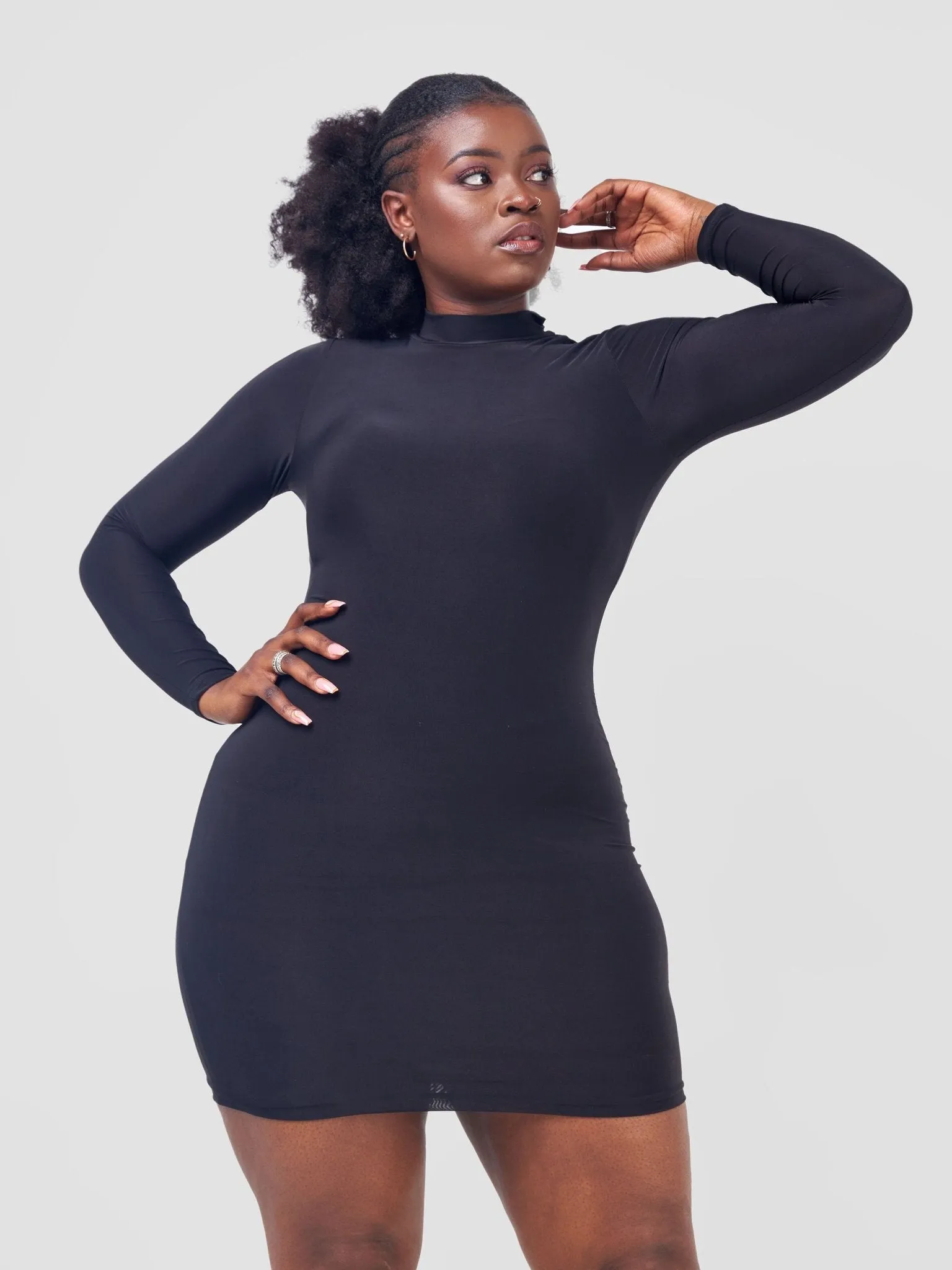 Anika Long Sleeve Mock Neck Double Layered Mini Dress - Black