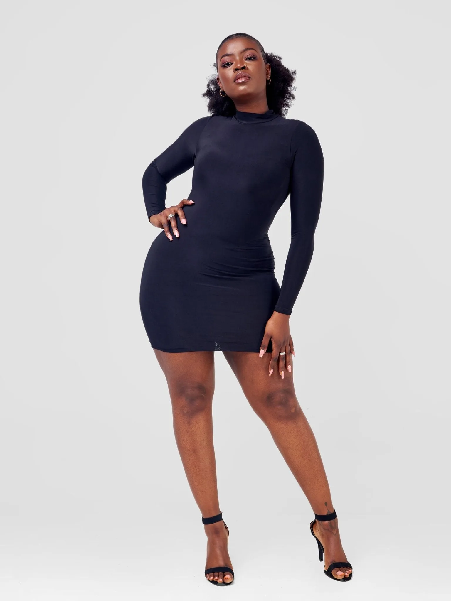 Anika Long Sleeve Mock Neck Double Layered Mini Dress - Black