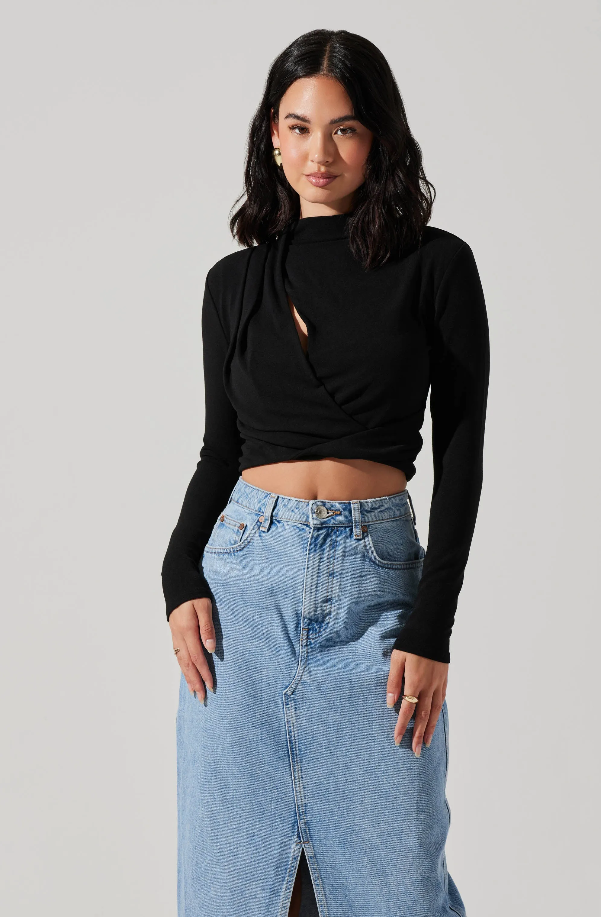 Asymmetrical Pleated Cutout Mock Neck Top