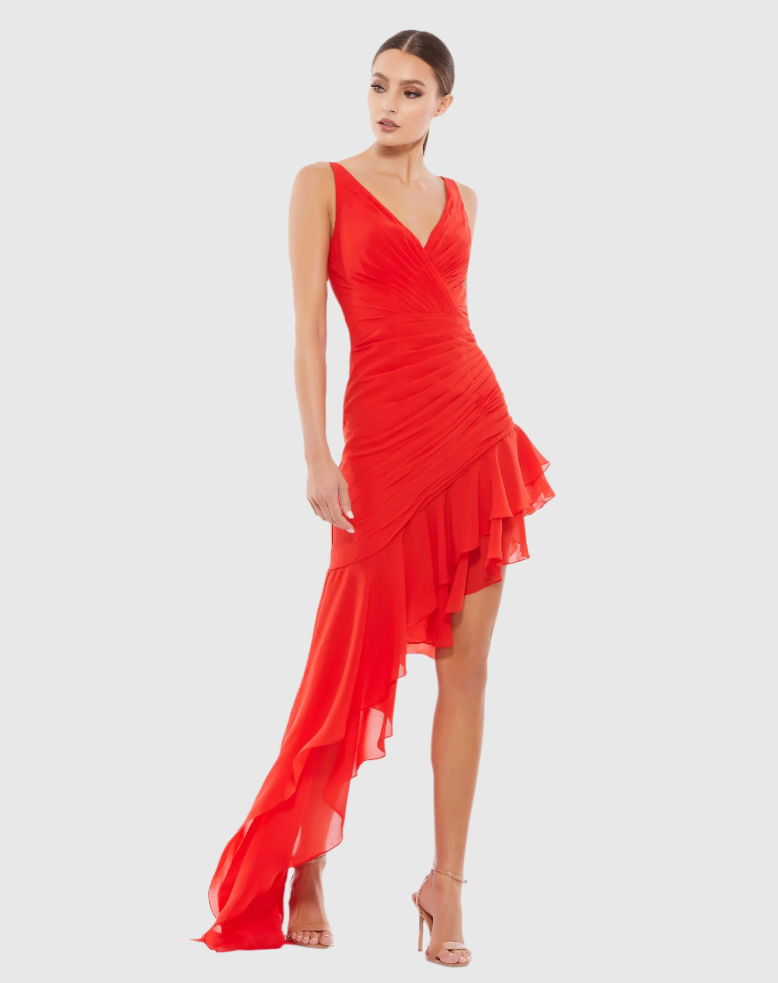 Asymmetrical Ruffled V-Neck Chiffon Dress