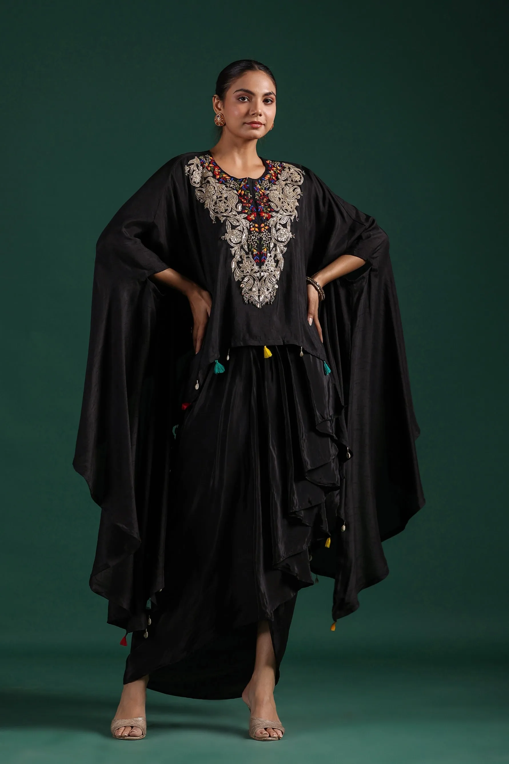 Black Embroidered Raw Silk Skirt Set