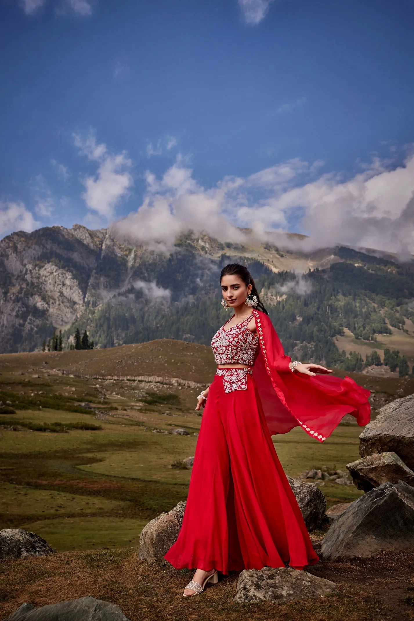 Bright Red Embellished Swiss Georgette Cape Set