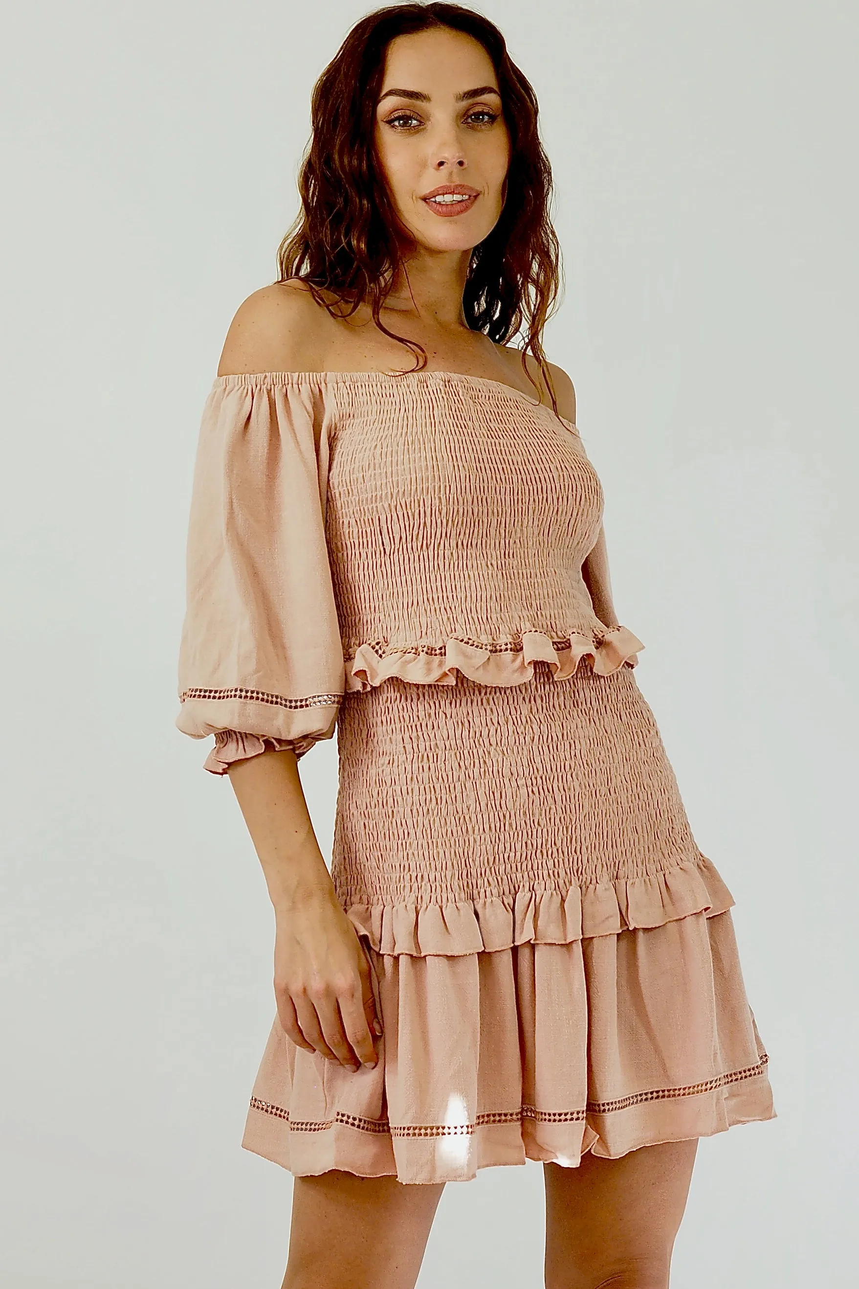 Bronte Off Shoulder Dress - Dusty Pink