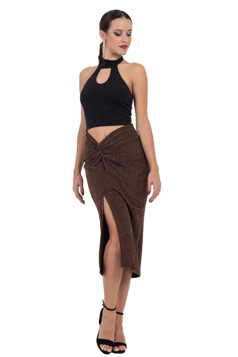 Bronze Sparkling Twist Knot Bodycon Midi Skirt With Slit