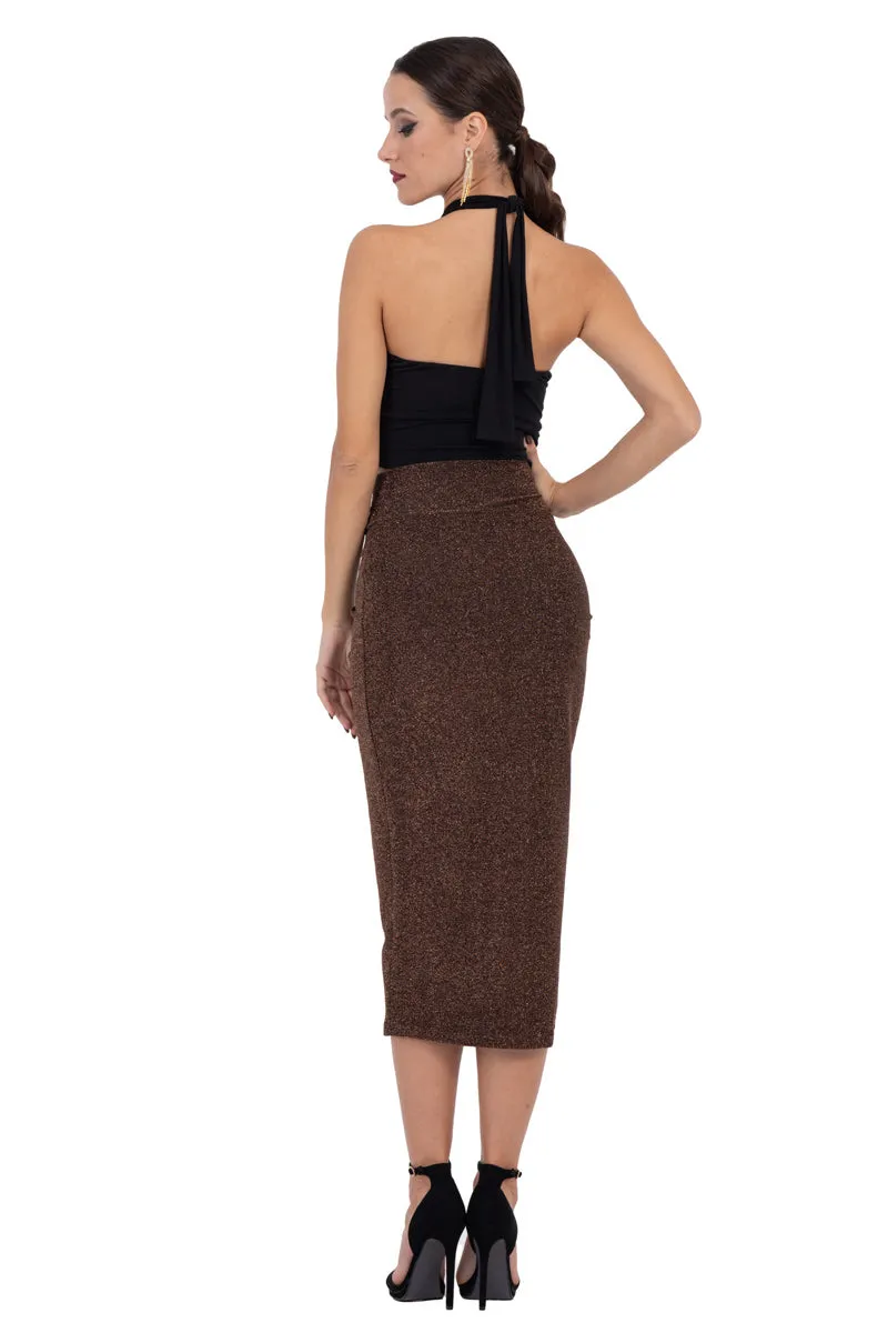 Bronze Sparkling Twist Knot Bodycon Midi Skirt With Slit