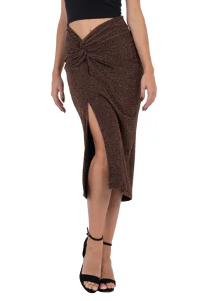 Bronze Sparkling Twist Knot Bodycon Midi Skirt With Slit