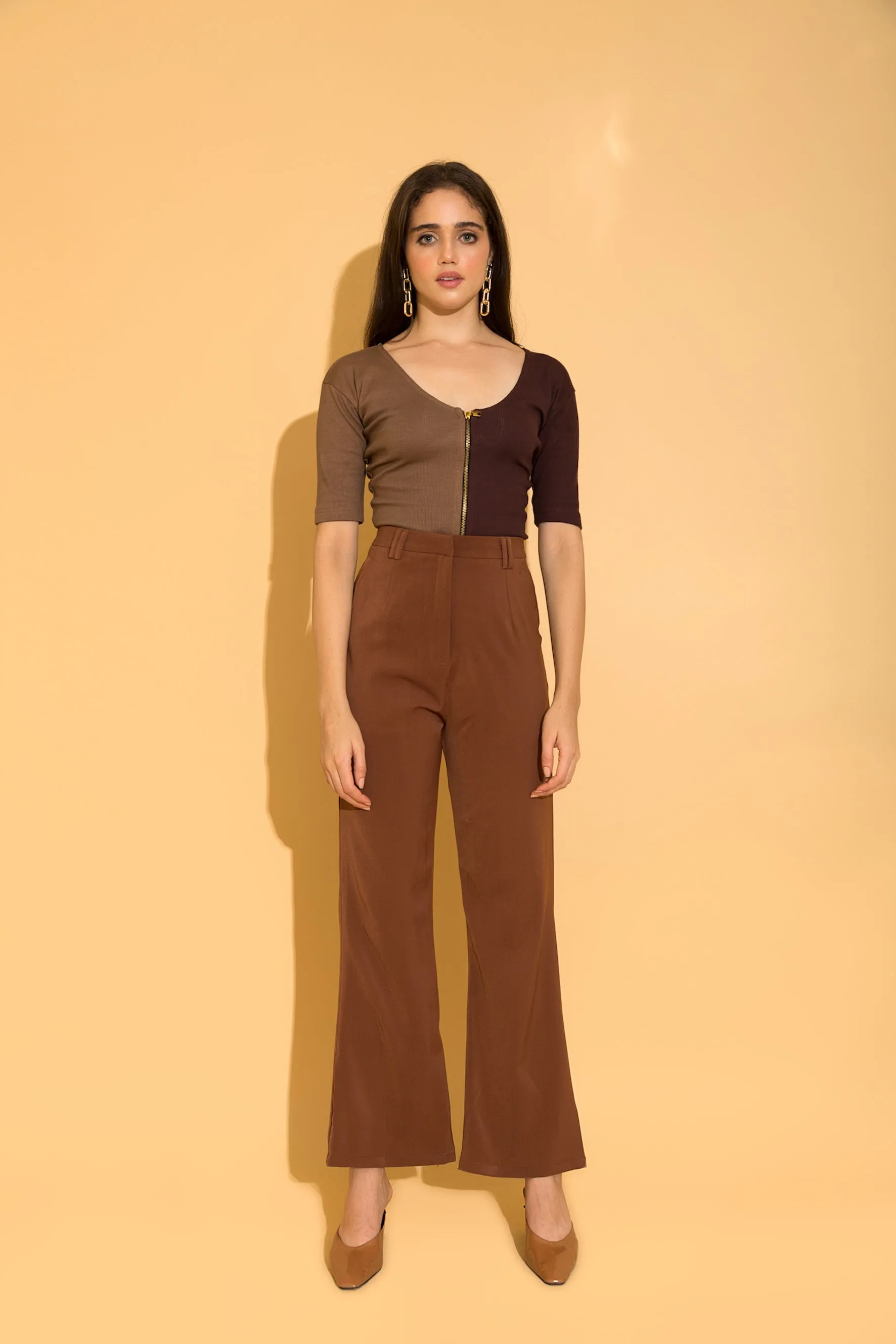 Brown Colour Block Rib Top