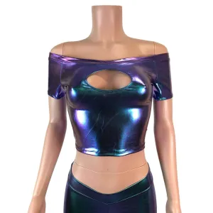 Cold Shoulder Keyhole Top - Oil Slick Holographic