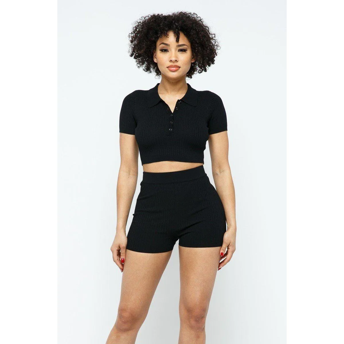 Collar Crop Top   Shorts Set