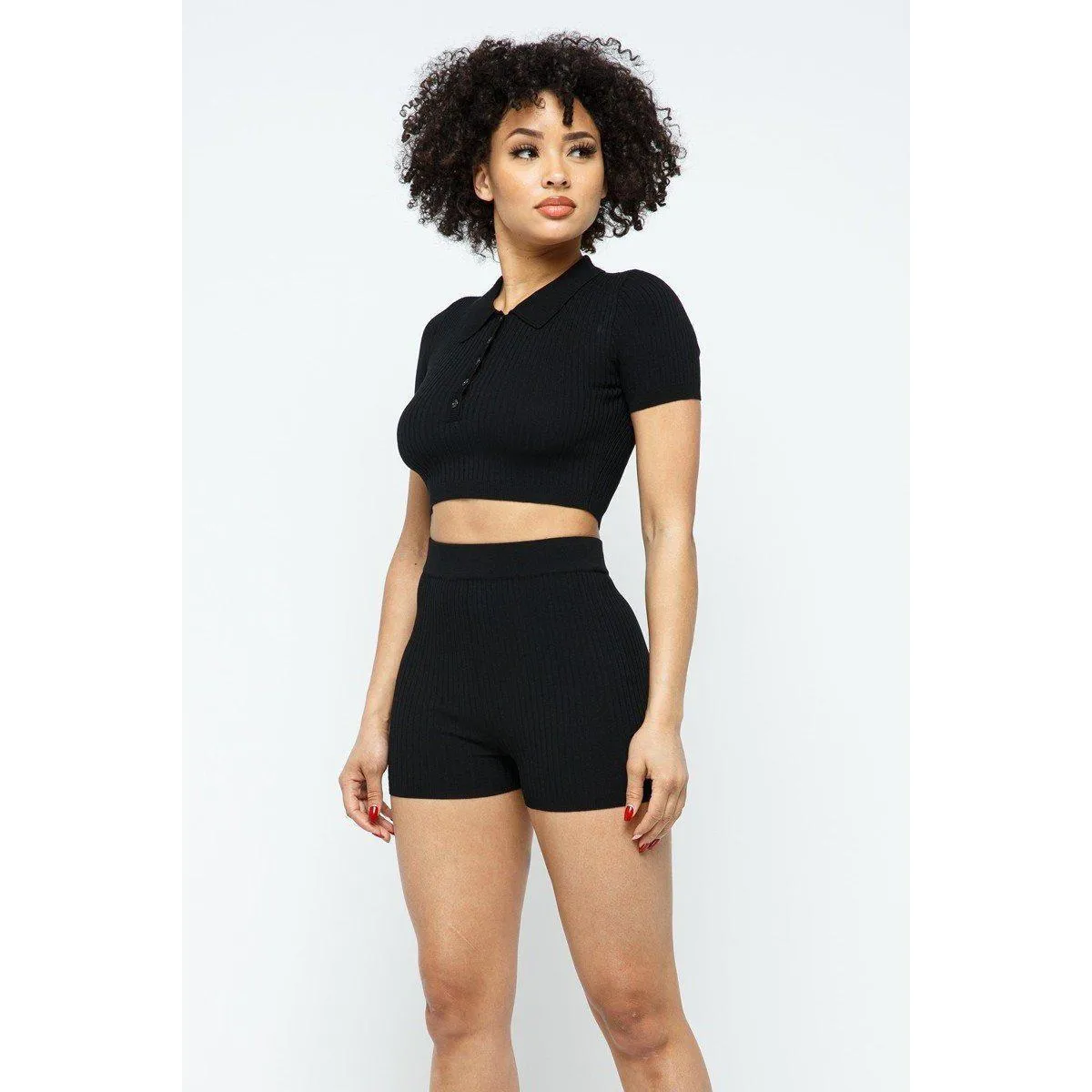 Collar Crop Top   Shorts Set