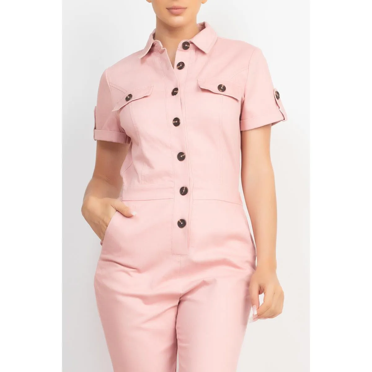 Collared Button-front Jumpsuit