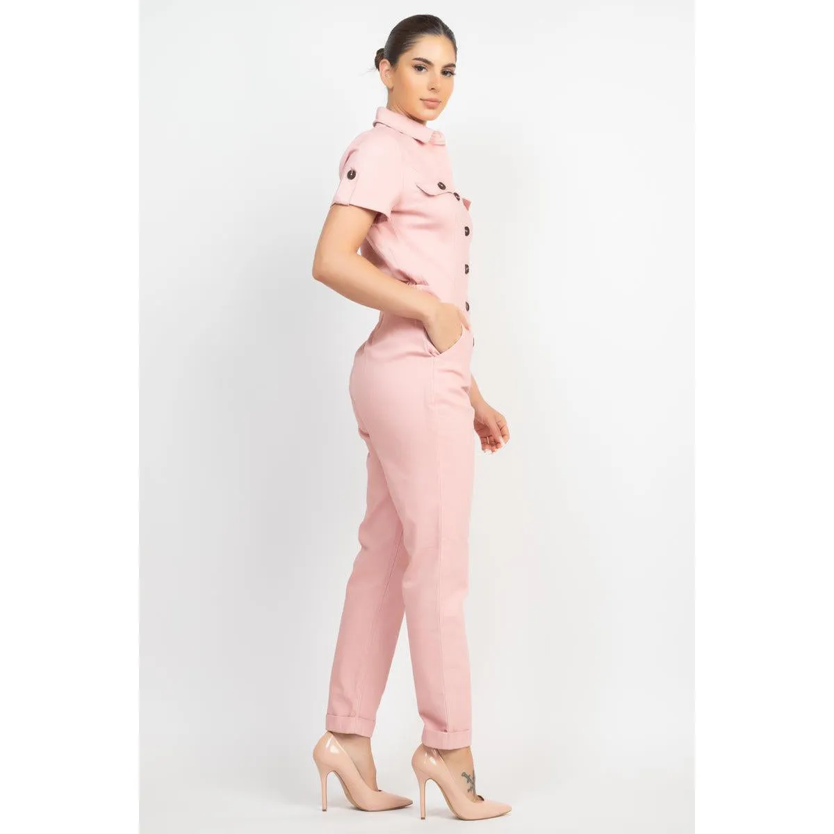 Collared Button-front Jumpsuit