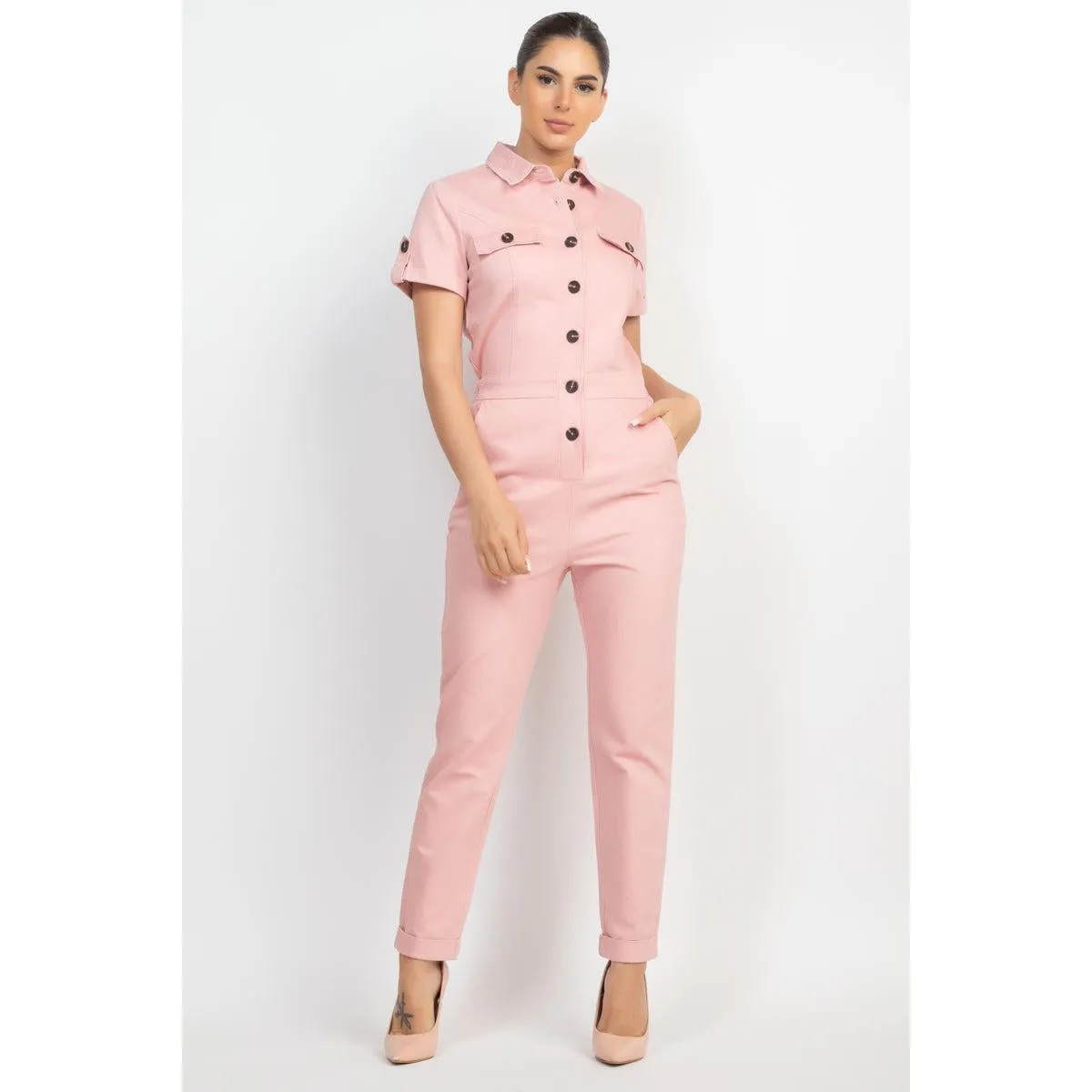 Collared Button-front Jumpsuit