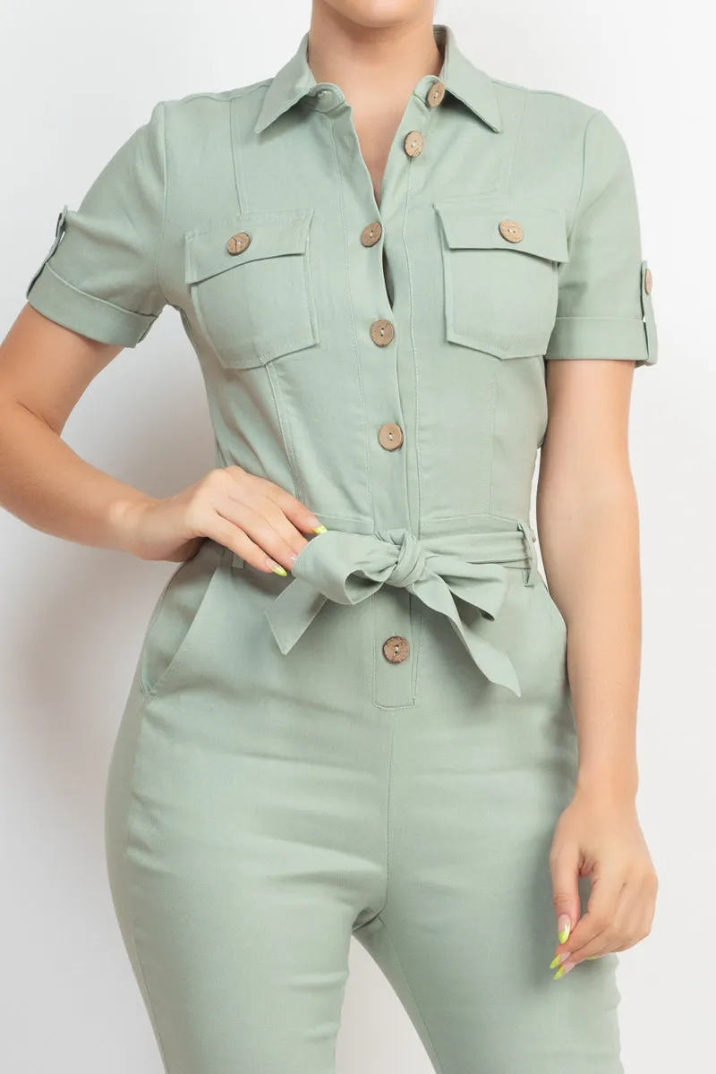 Collared Waist-tie Buttoned Jumpsuit