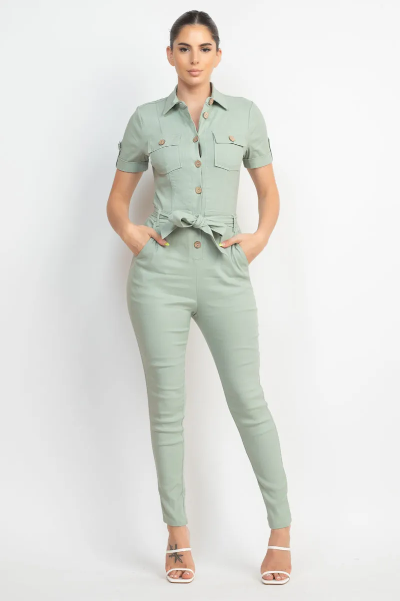 Collared Waist-tie Buttoned Jumpsuit