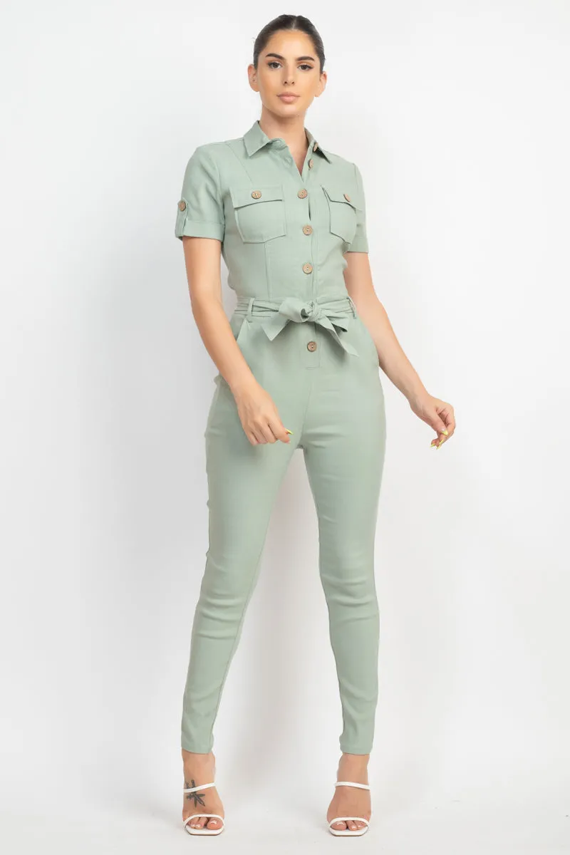 Collared Waist-tie Buttoned Jumpsuit