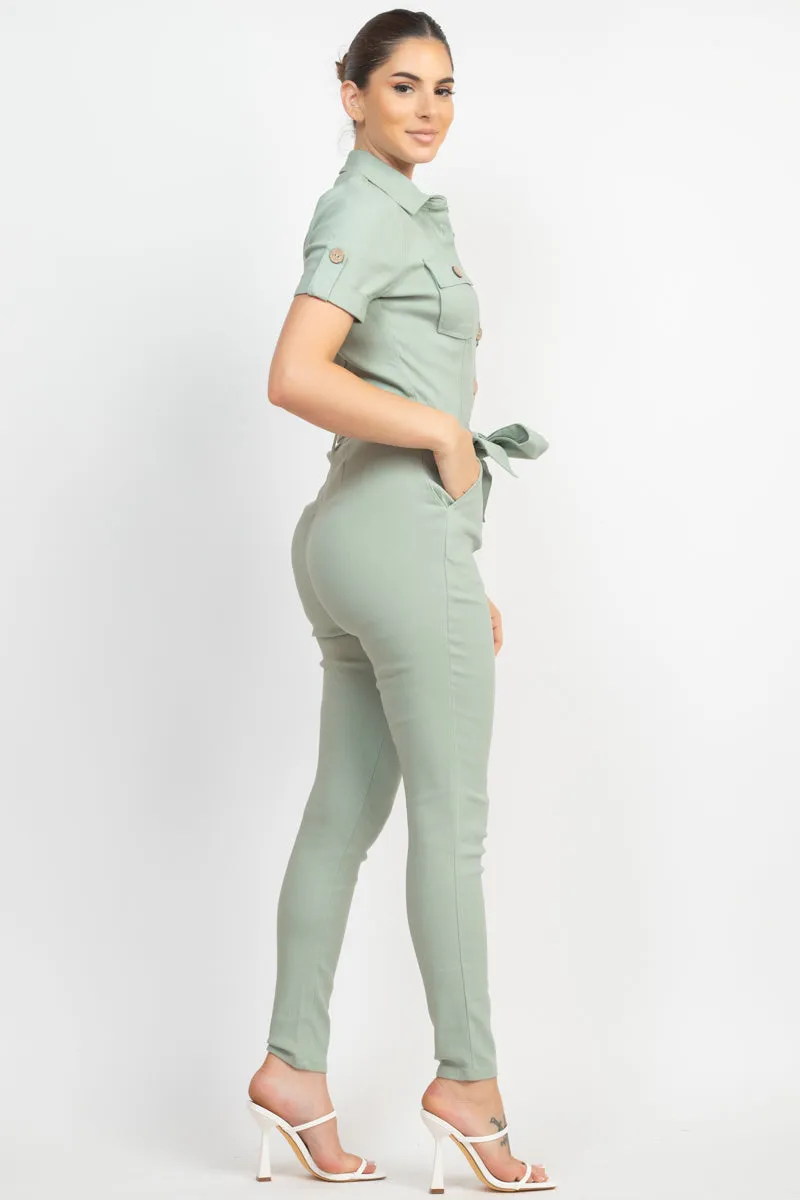 Collared Waist-tie Buttoned Jumpsuit