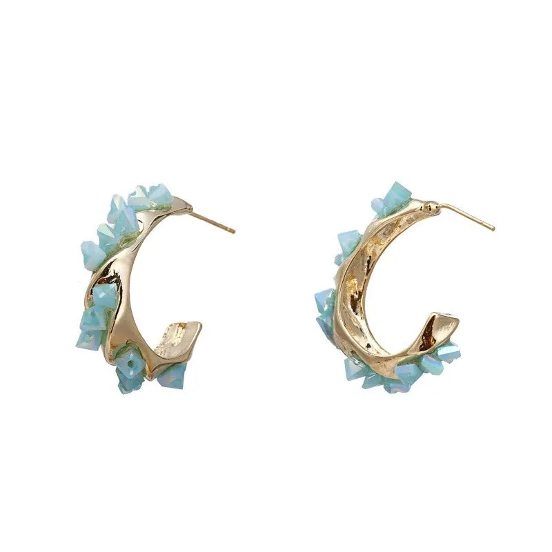 Copper Stud Hoop earring with exquiste crystal 16 k plating  - 2 Colors