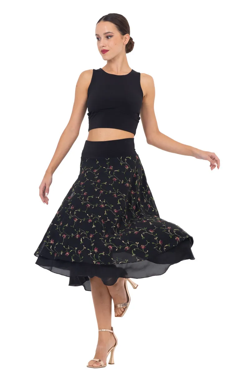 Delicate Floral Embroidered Georgette Two-layer Skirt (L)