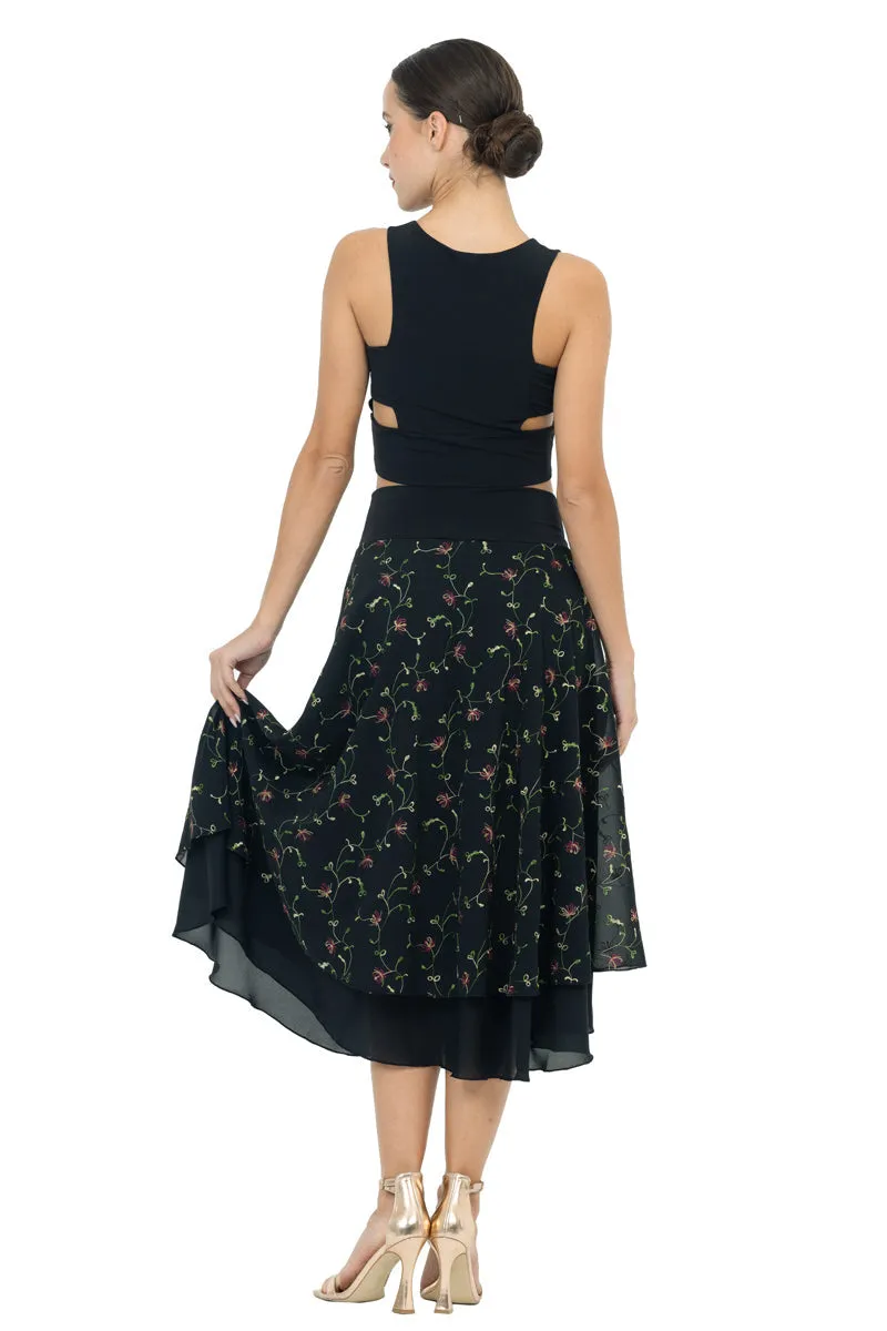 Delicate Floral Embroidered Georgette Two-layer Skirt (L)