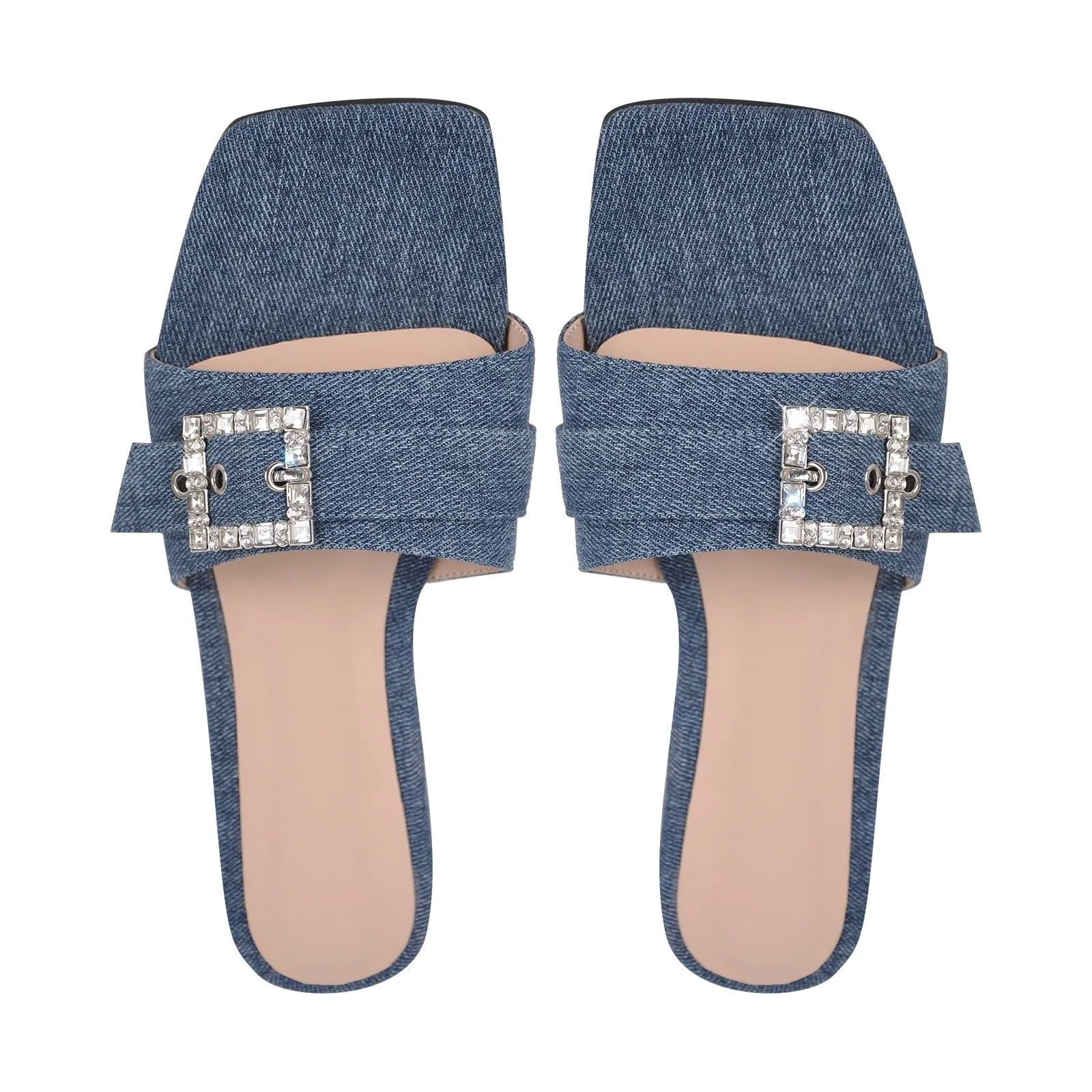 Denim Square Toe Buckle Strap Flats