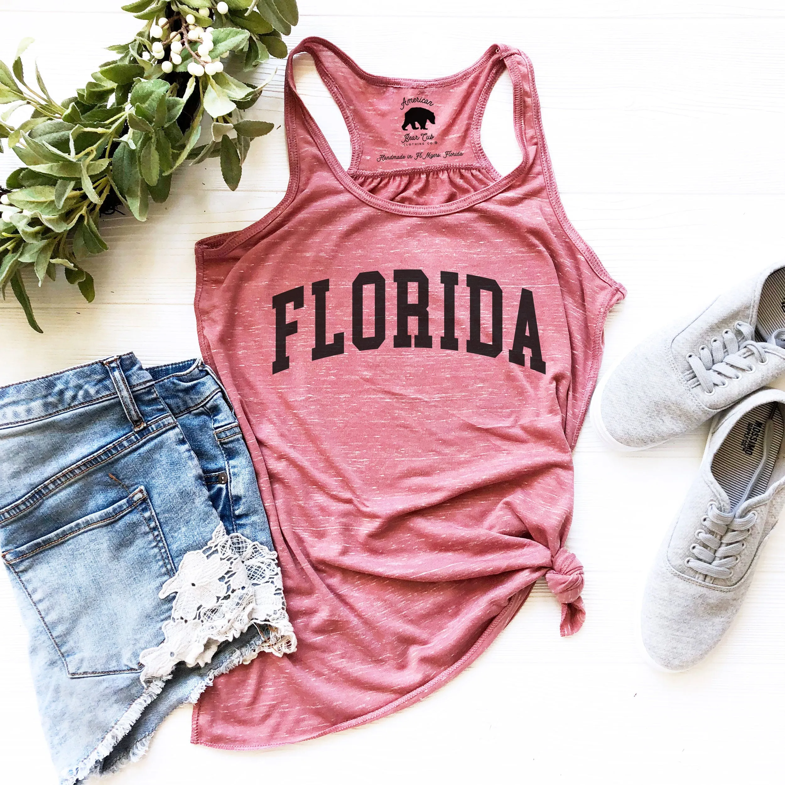 Florida block font flowy racerback tank tops - light or dark artwork