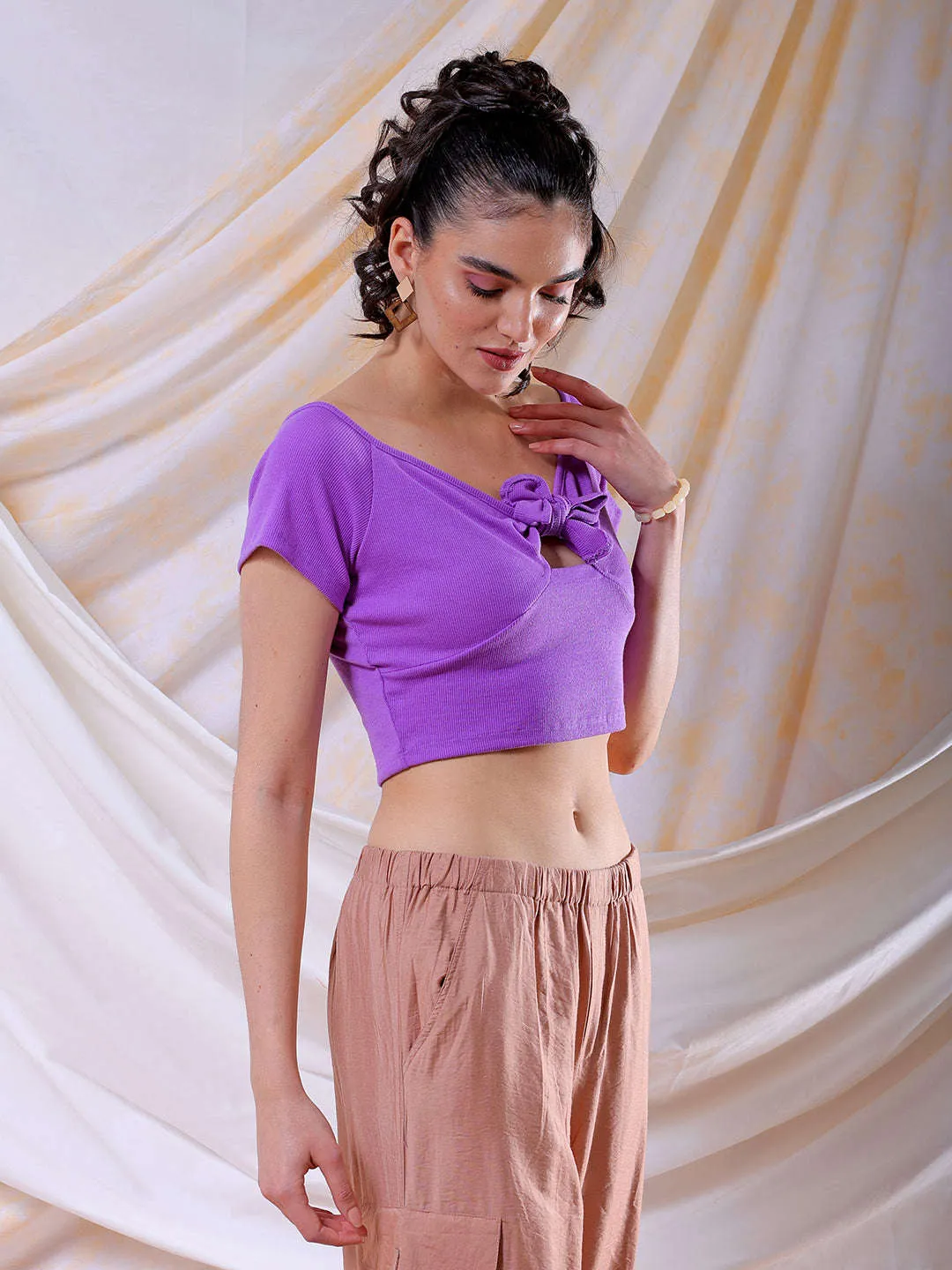 Freehand Women Purple Fitted Solid Sweetheart Neck Off Shoulder Top