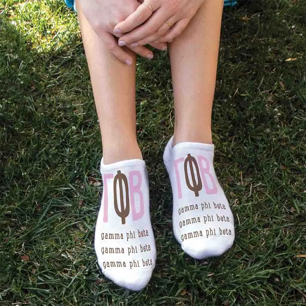 Gamma Phi Beta Sorority Socks with Large Greek Letters, Printed on No Show Socks