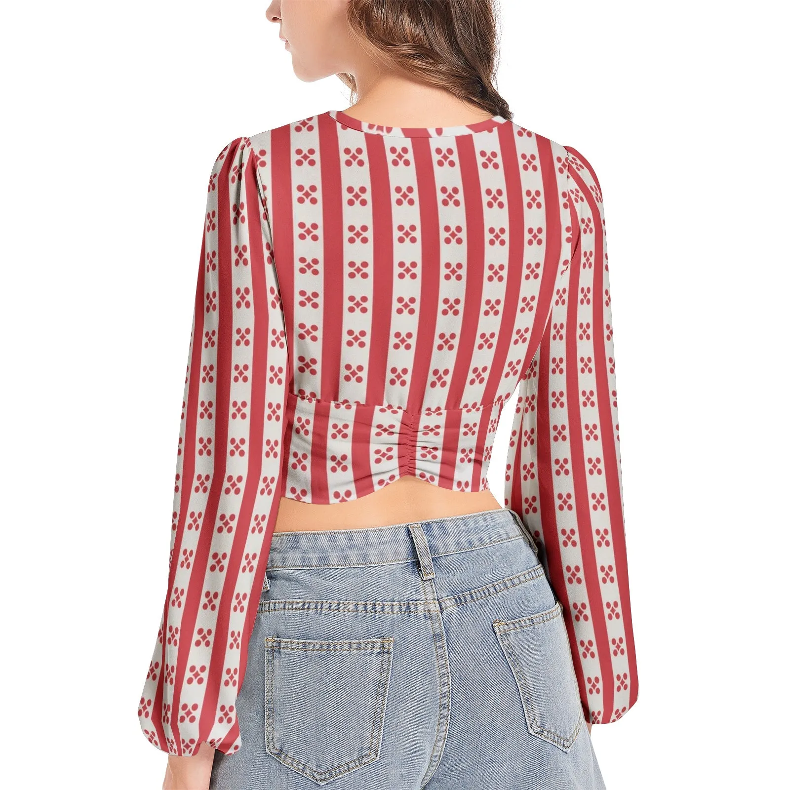 Gingham Striped Women's Deep V-Neck Lantern Sleeve Crop Top