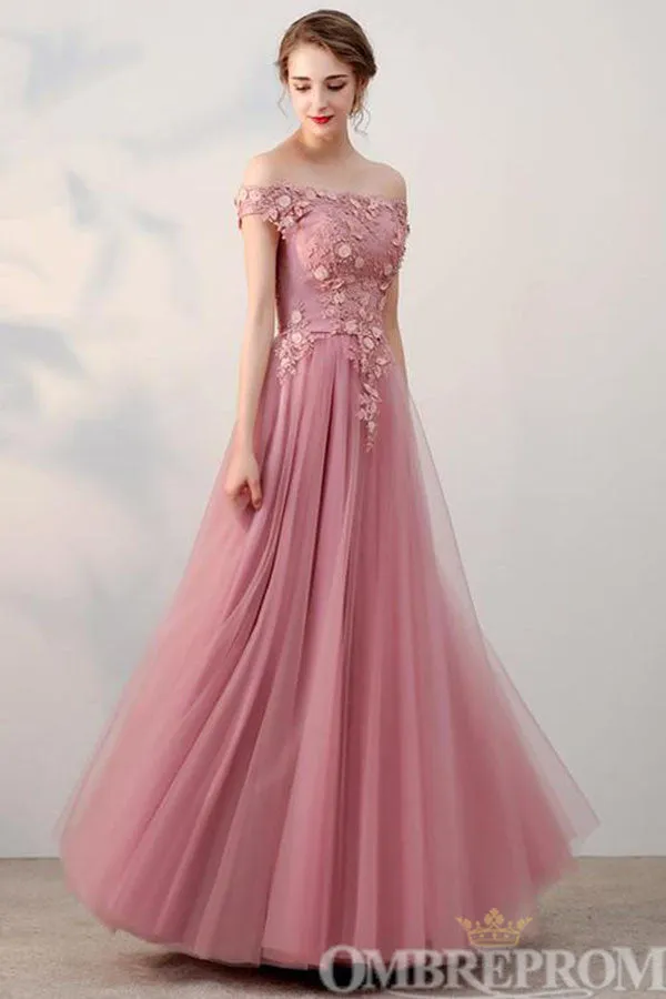 Gorgeous Off Shoulder Lace Up Appliques Long Prom Dresses