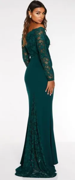 Green Bardot Lace Fishtail Gown