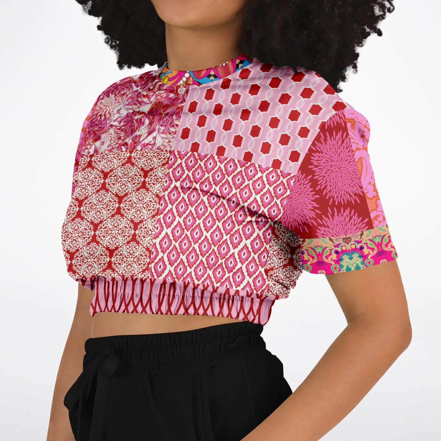 Gypsy Beat Pink Patchwork Short Sleeve Cropped Eco-Poly Sweater