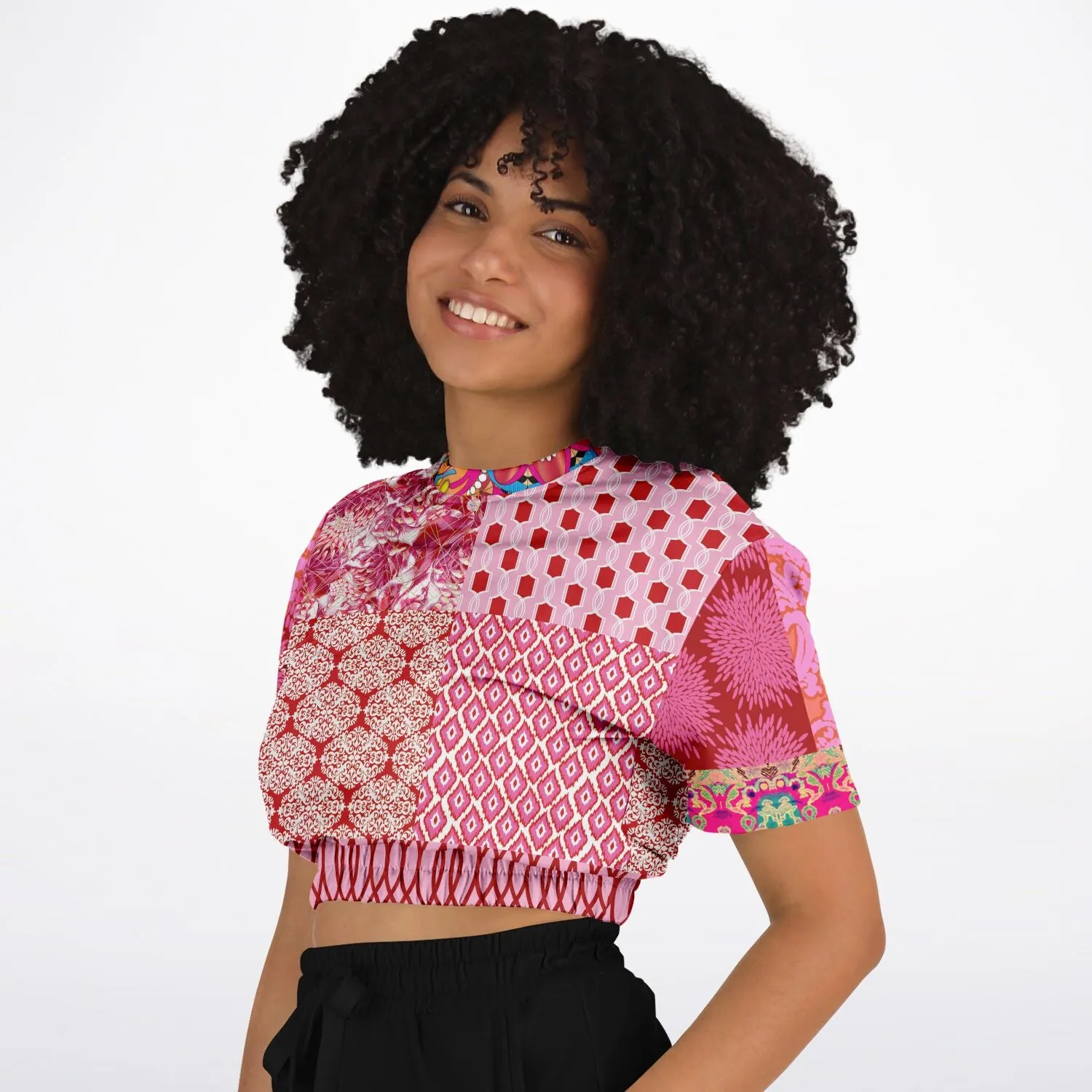 Gypsy Beat Pink Patchwork Short Sleeve Cropped Eco-Poly Sweater