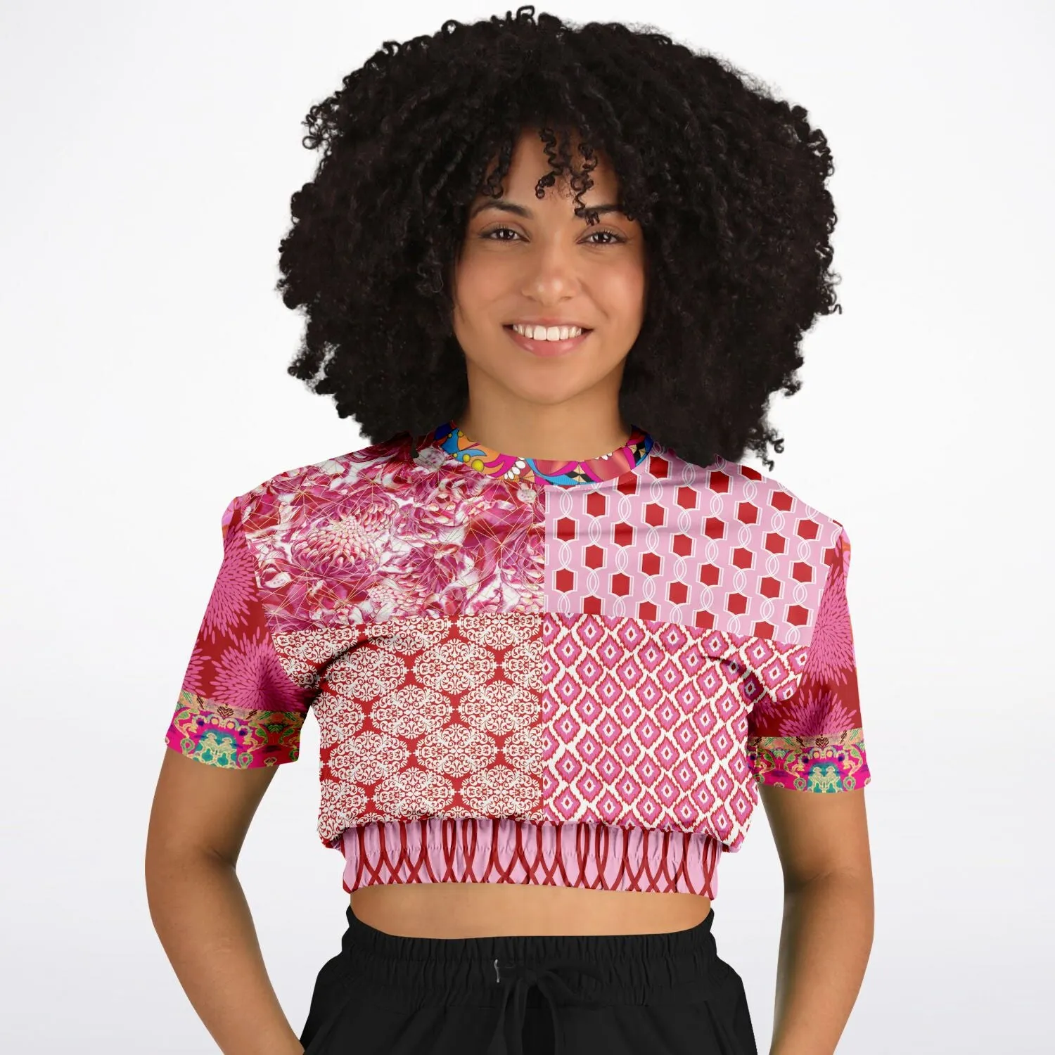 Gypsy Beat Pink Patchwork Short Sleeve Cropped Eco-Poly Sweater