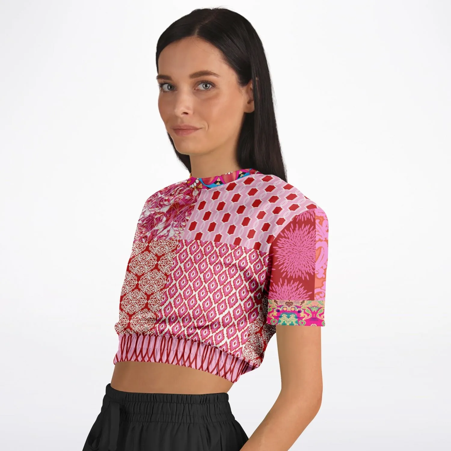 Gypsy Beat Pink Patchwork Short Sleeve Cropped Eco-Poly Sweater