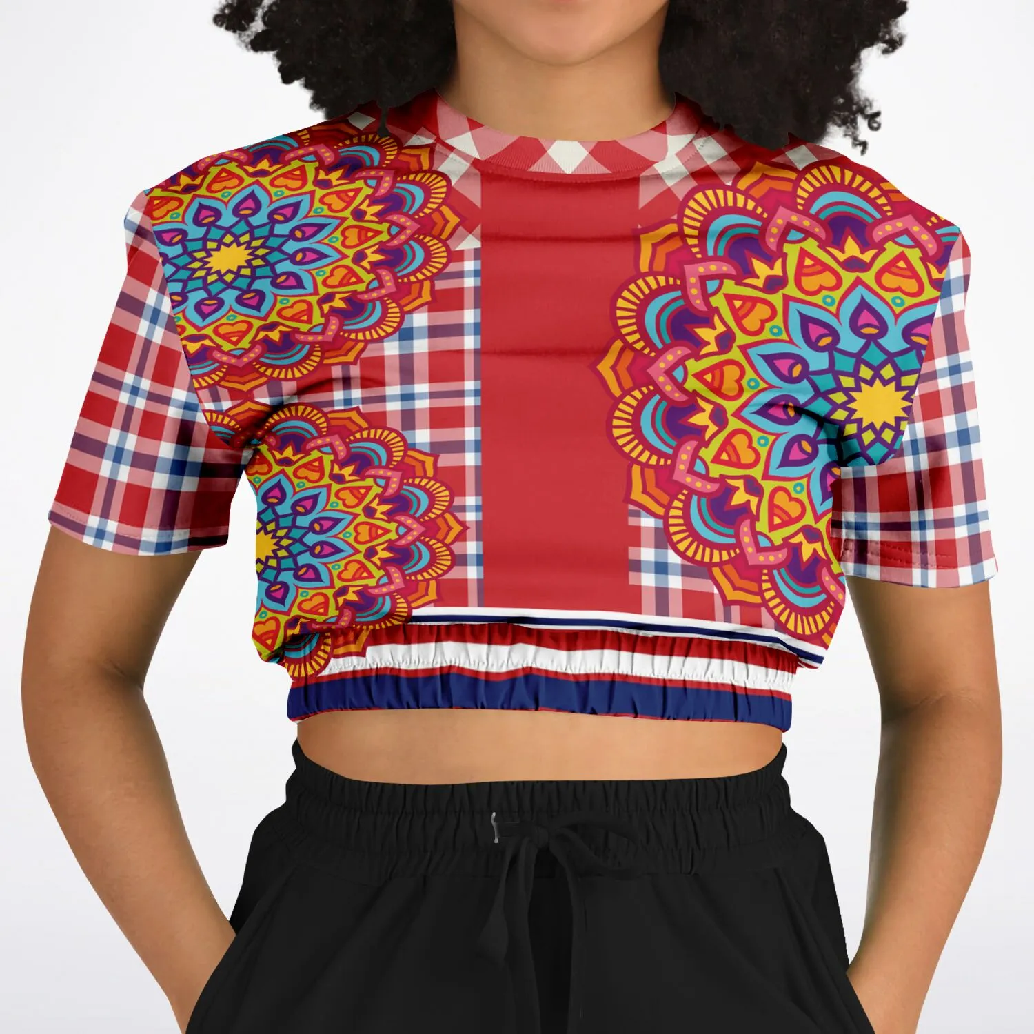 Hippy-Dippy Plaid Short Sleeve Cropped Eco-Poly Sweater