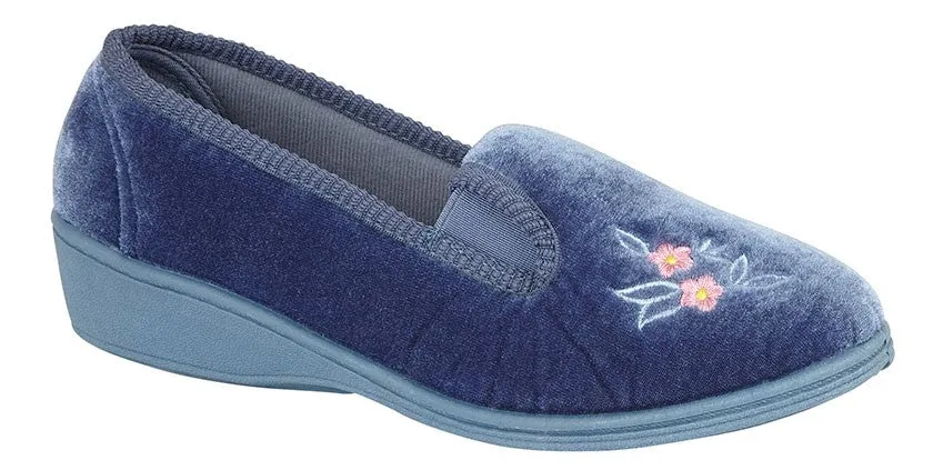 Ladies Bedroom Slippers Wedge Heel Double Gusset Navy LS962C