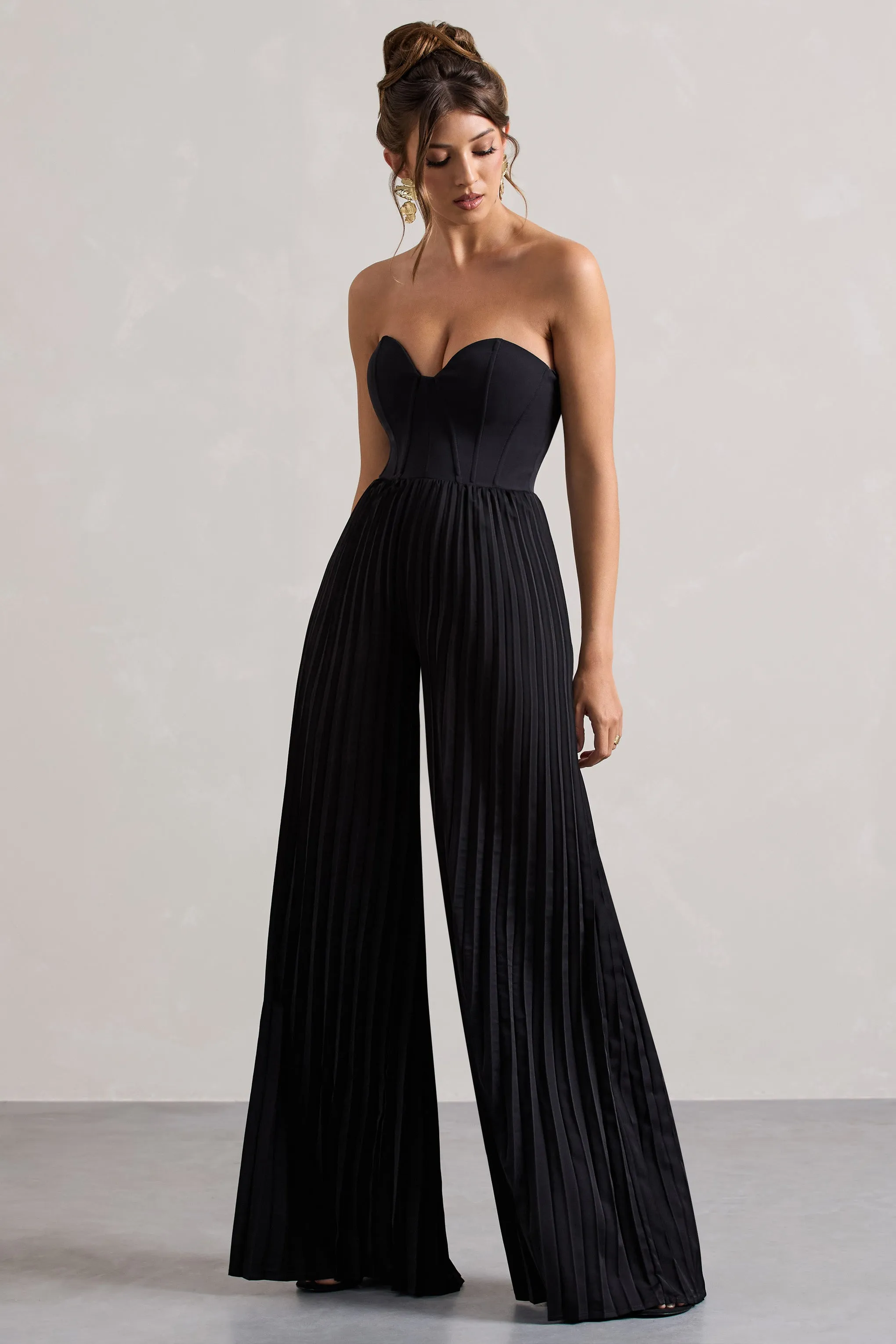 Lorelai | Black Corset Plisse Wide-Leg Jumpsuit