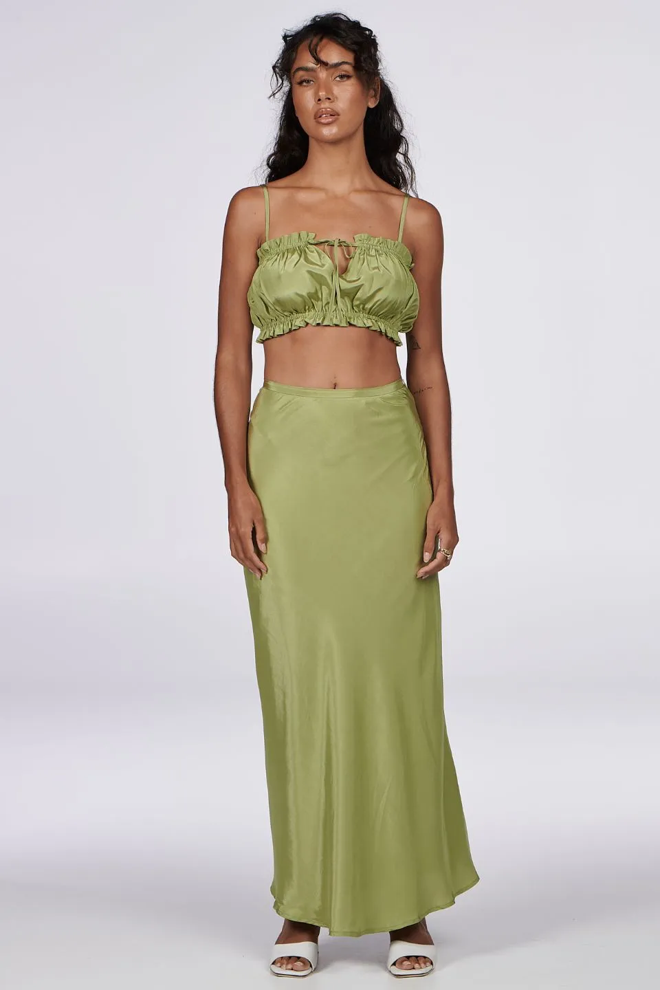 Margot Silky Satin Sage Bias Midi Skirt