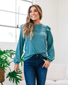 McKenna Ribbed Ruffle Shoulder Top - Teal