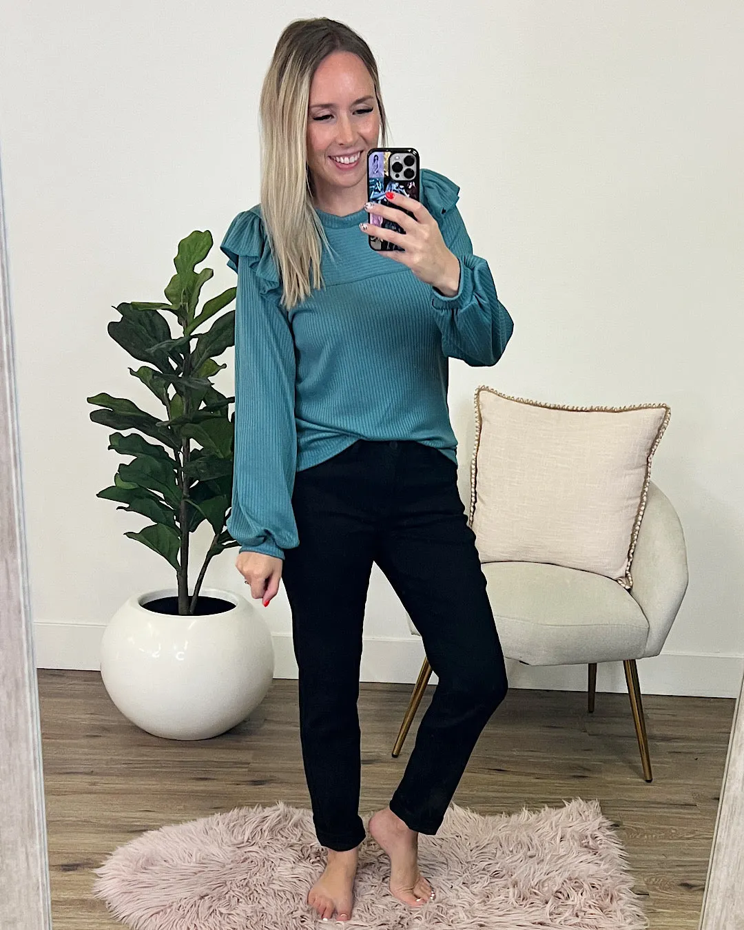 McKenna Ribbed Ruffle Shoulder Top - Teal