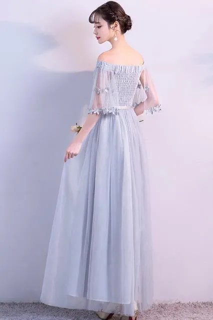 Off the Shoulder Blue Short Sleeve Tulle Bridesmaid Dresses Floor Length Wedding Party Dress