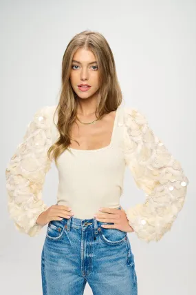 Off White Sequin Sleeve Top